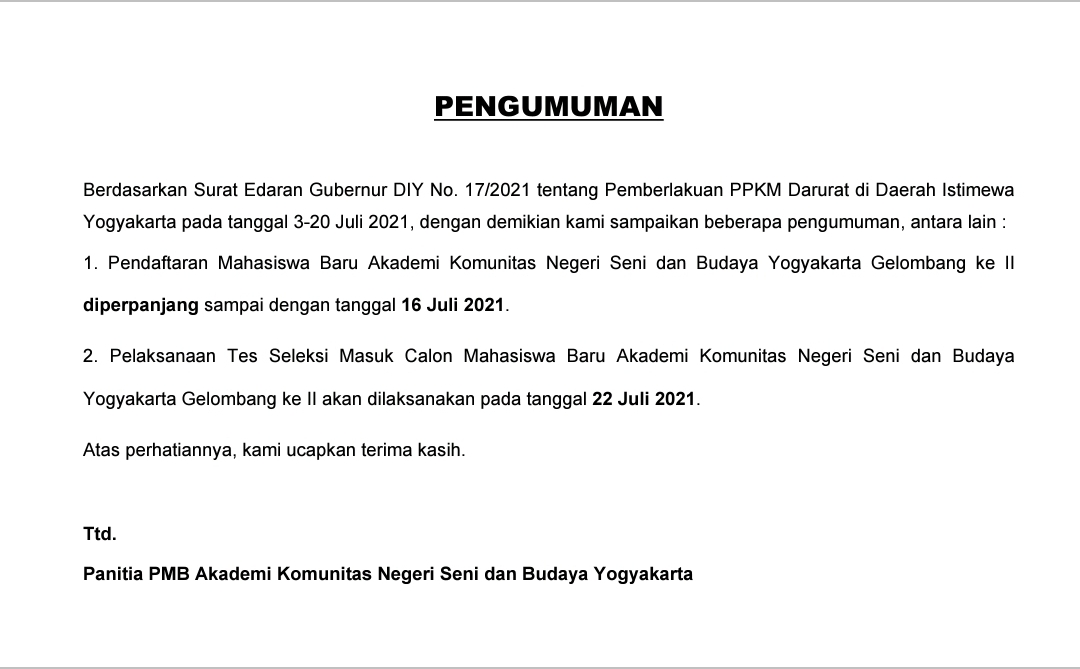 PERUBAHAN JADWAL PMB GELOMBANG II 2021/2022