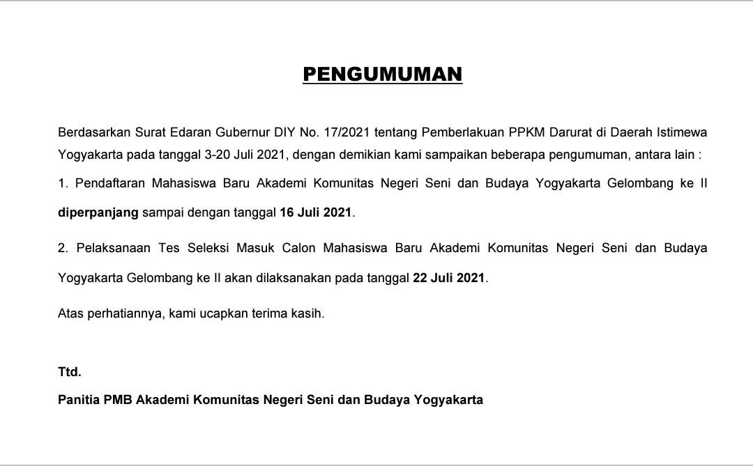 PERUBAHAN JADWAL PMB GELOMBANG II 2021/2022